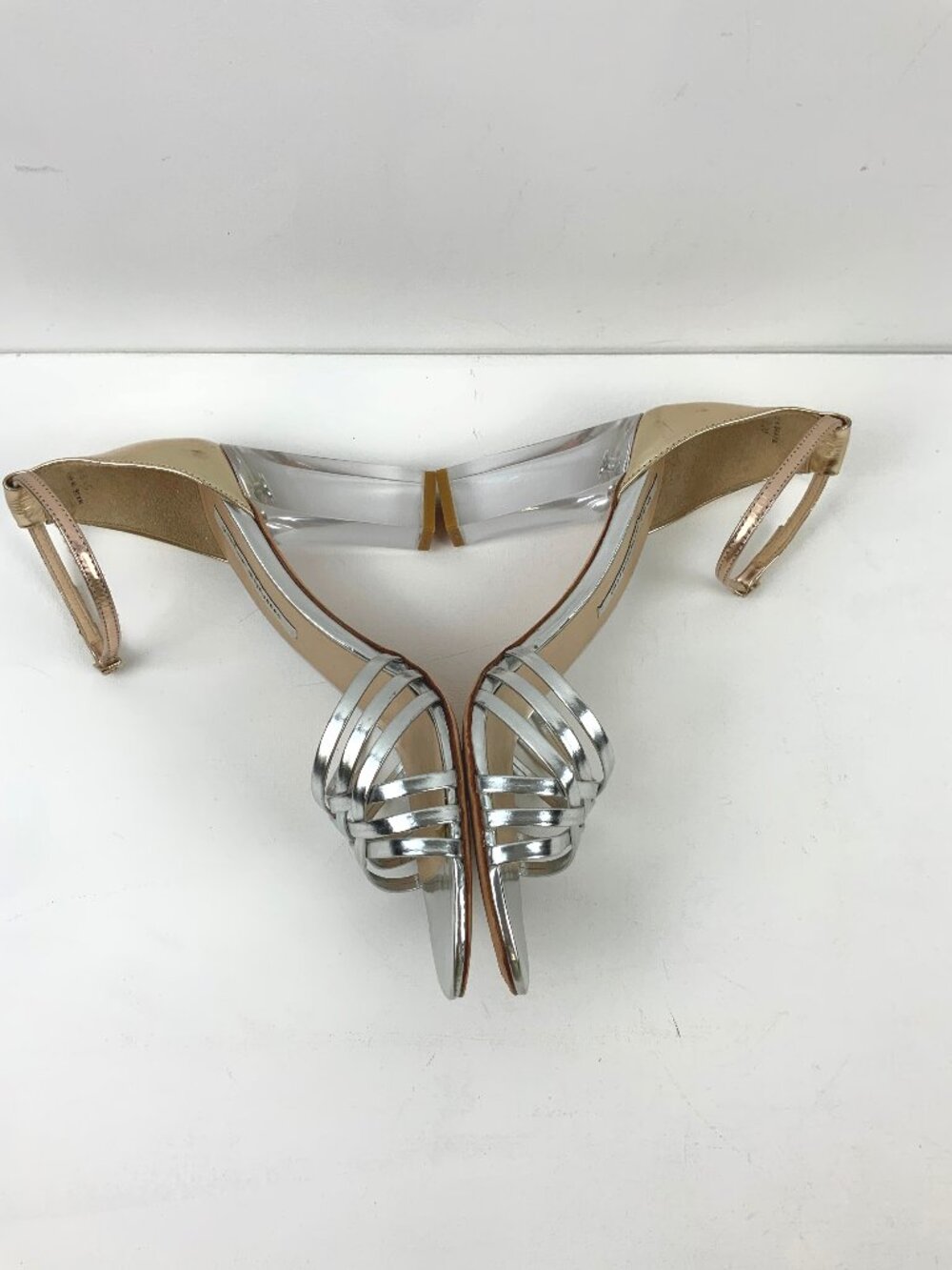 Diane von Furstenberg Ibiza Clear Heeled Strappy Metallic Silver Sandals Sz 9.5M - Picture 14 of 15